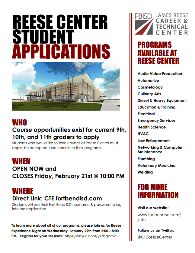 Flyer for Reese Center applications for 2020-2021 school year Flyer for Reese Center applications for 2020-2021 school year